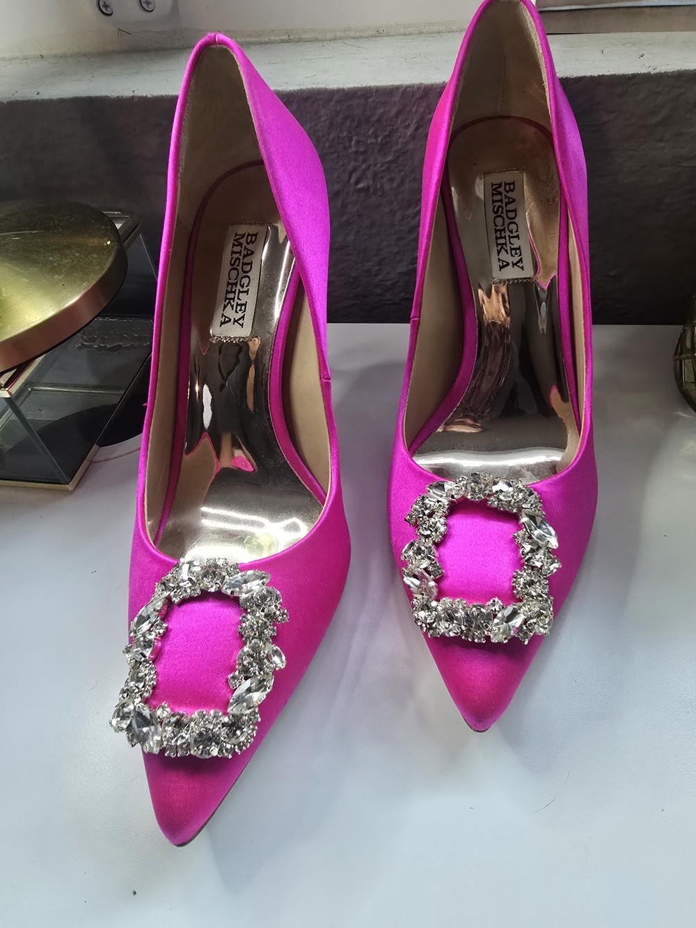 Badgley Mischka Women's Pink Satin Pointed-Toe Heels with Crystal Buckle